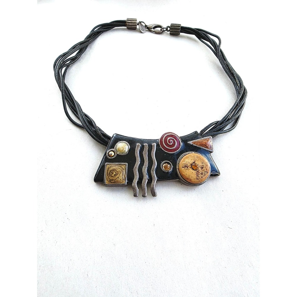 Chicos Statement Necklace Multi Strand Black Cord Abstract Geometric Pendant art